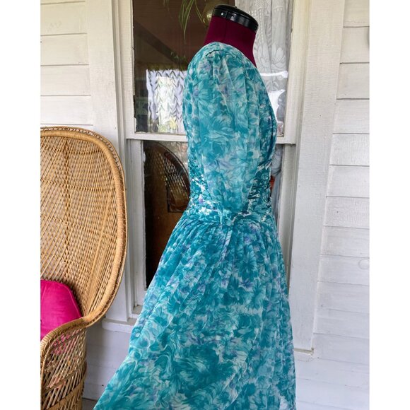 Vintage 1950d Floral  Blue Dress With Puff Sleeves Tulle Puff Skirt Sz Small - Picture 8 of 16